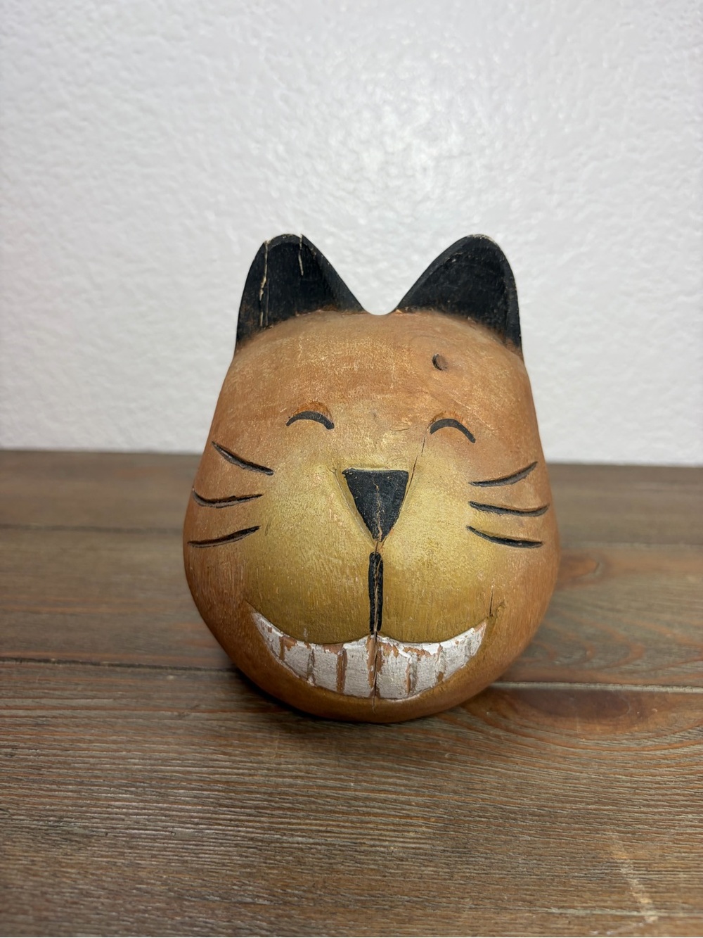 Vintage Folk -Art Hand Painted Wooden Grinning Cat Head 5” Tall X 4” Round
